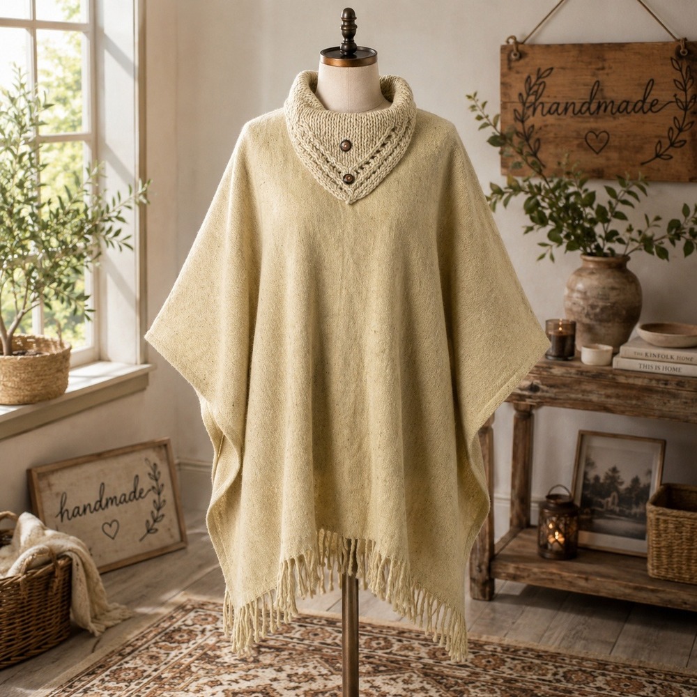 Vintage Wool Poncho Cape Beige Knit Collar Boho Fringe Festival Hippie